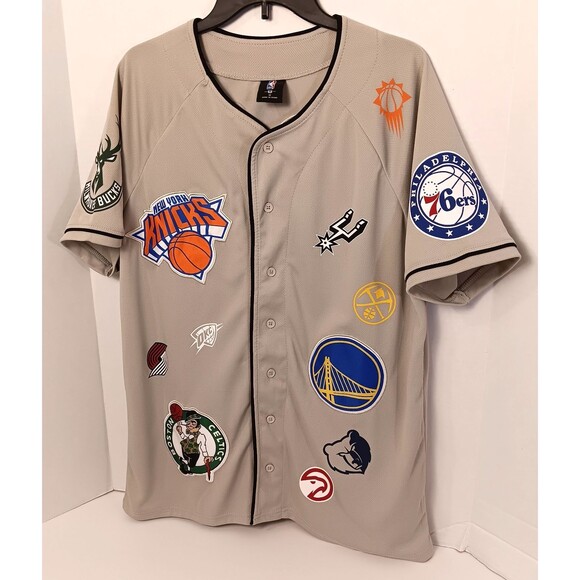 Vtg NBA Jersey Shirt Men M Tan All Over Print Patchwork Lakers Bulls Knicks Heat - Picture 3 of 11